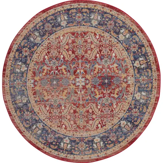 4' Blue and Red Floral Distressed Non Skid Round Rug Photo 2