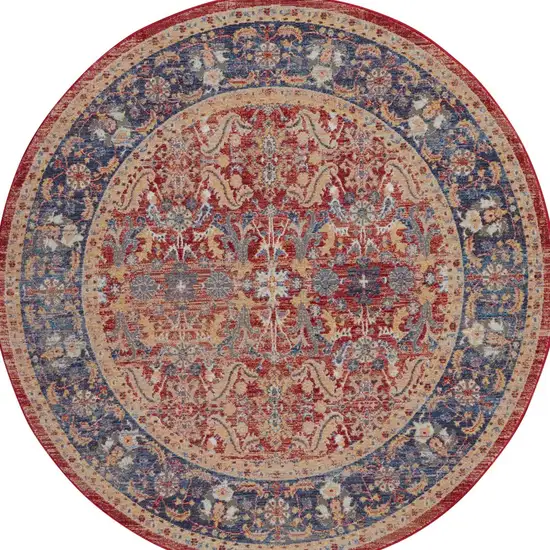 4' Blue and Red Floral Distressed Non Skid Round Rug Photo 9