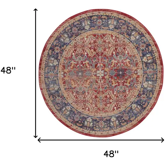 4' Blue and Red Floral Distressed Non Skid Round Rug Photo 3