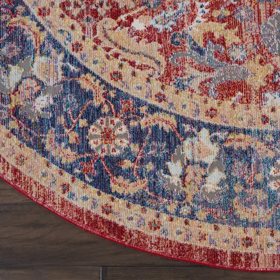 4' Blue and Red Floral Distressed Non Skid Round Rug Photo 4