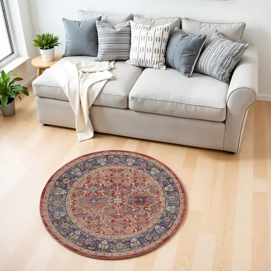 4' Blue and Red Floral Distressed Non Skid Round Rug Photo 1