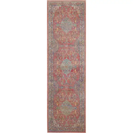 6' Blue and Red Floral Distressed Non Skid Runner Rug Photo 2