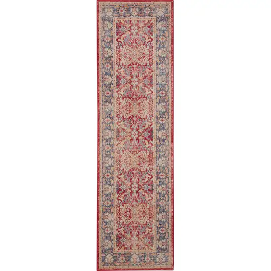 8' Blue and Red Floral Distressed Non Skid Runner Rug Photo 5