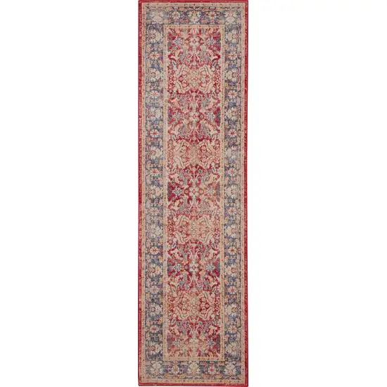 8' Blue and Red Floral Distressed Non Skid Runner Rug Photo 2