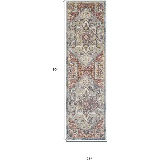 8' Blue and Red Floral Distressed Runner Rug Photo 3