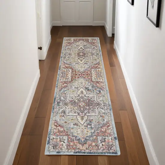 8' Blue and Red Floral Distressed Runner Rug Photo 1