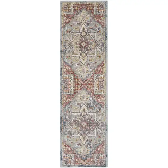 8' Blue and Red Floral Distressed Runner Rug Photo 2