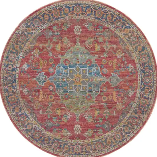 6' Blue and Red Floral Medallion Distressed Non Skid Round Rug Photo 9