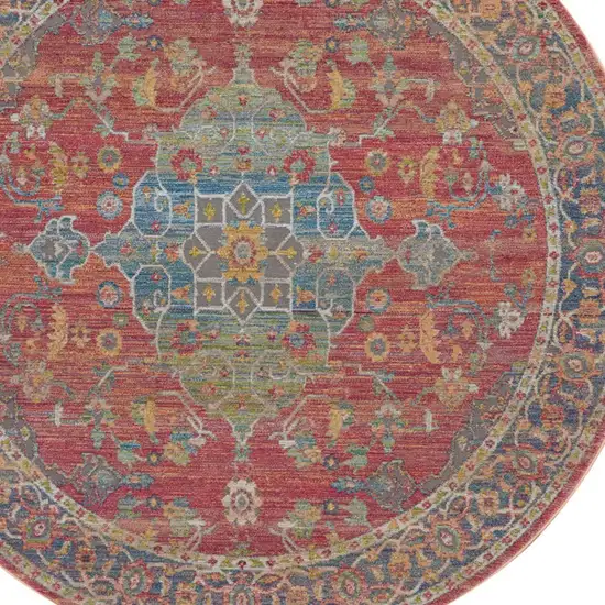 6' Blue and Red Floral Medallion Distressed Non Skid Round Rug Photo 8