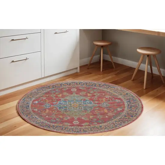 6' Blue and Red Floral Medallion Distressed Non Skid Round Rug Photo 1