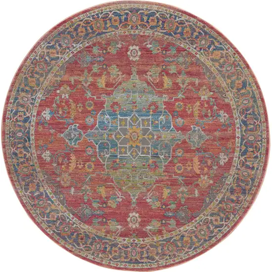 6' Blue and Red Floral Medallion Distressed Non Skid Round Rug Photo 2