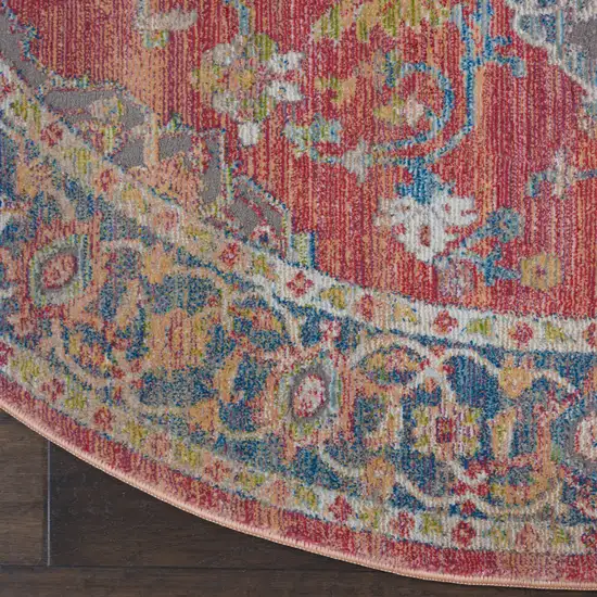 6' Blue and Red Floral Medallion Distressed Non Skid Round Rug Photo 4