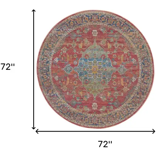 6' Blue and Red Floral Medallion Distressed Non Skid Round Rug Photo 3