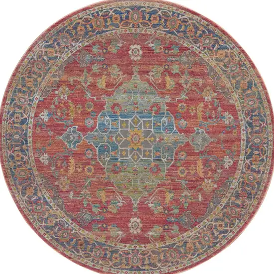 4' Blue and Red Floral Medallion Distressed Non Skid Round Rug Photo 9