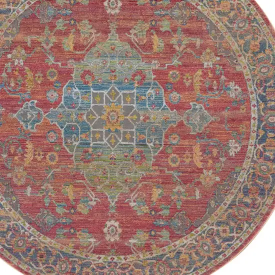 4' Blue and Red Floral Medallion Distressed Non Skid Round Rug Photo 8