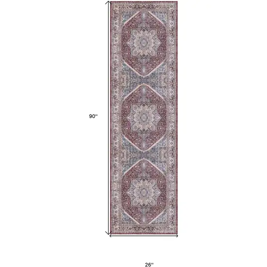 8' Blue and Red Floral Medallion Distressed Non Skid Runner Rug Photo 3