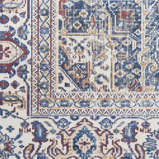 8' Blue and Red Floral Medallion Distressed Non Skid Runner Rug Photo 7