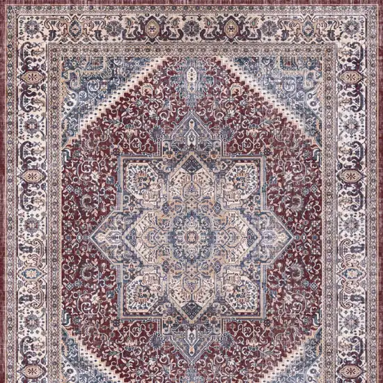 8' Blue and Red Floral Medallion Distressed Non Skid Runner Rug Photo 9