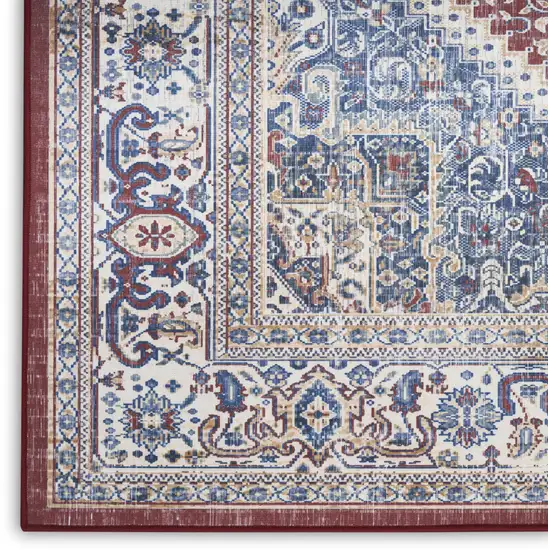 8' Blue and Red Floral Medallion Distressed Non Skid Runner Rug Photo 6