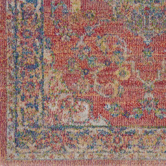 8' Blue and Red Floral Medallion Distressed Non Skid Runner Rug Photo 5