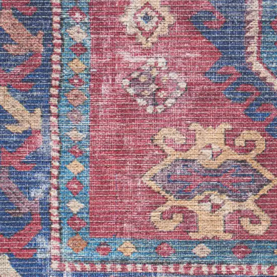 10' Blue and Red Floral Power Loom Distressed Washable Runner Rug Photo 4