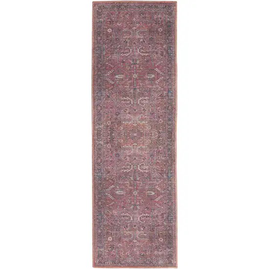 10' Blue and Red Floral Power Loom Distressed Washable Runner Rug Photo 1