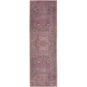 Photo of 10' Blue and Red Floral Power Loom Distressed Washable Runner Rug