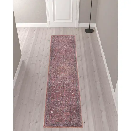 10' Blue and Red Floral Power Loom Distressed Washable Runner Rug Photo 3