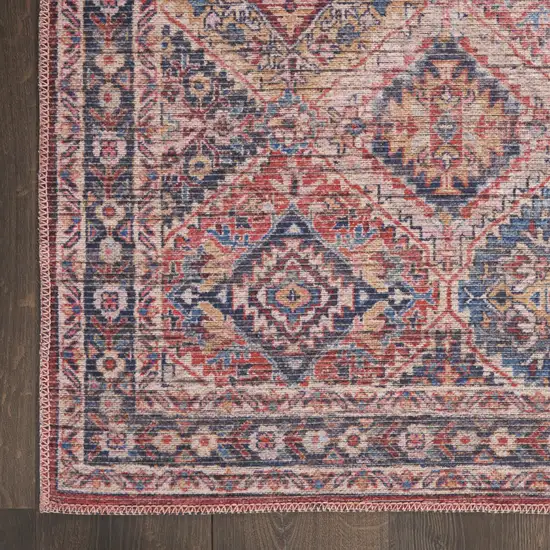 8' Blue and Red Floral Power Loom Distressed Washable Runner Rug Photo 3