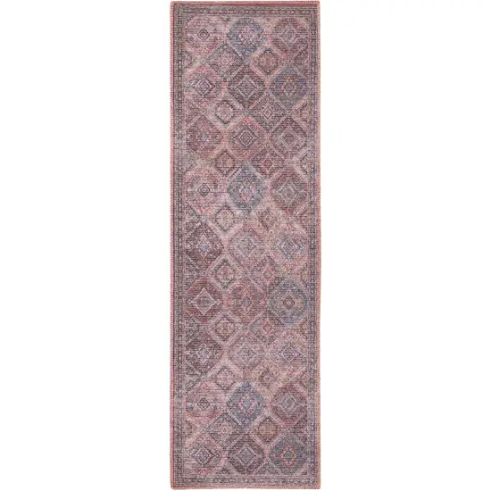 8' Blue and Red Floral Power Loom Distressed Washable Runner Rug Photo 1