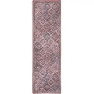 Photo of 8' Blue and Red Floral Power Loom Distressed Washable Runner Rug