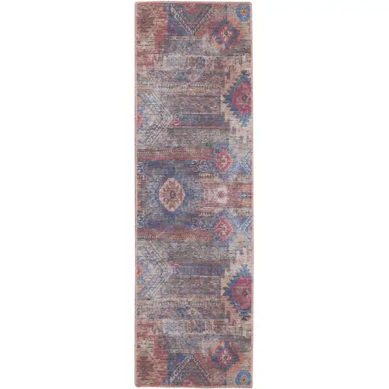 8' Blue and Red Geometric Power Loom Distressed Washable Runner Rug Photo 1