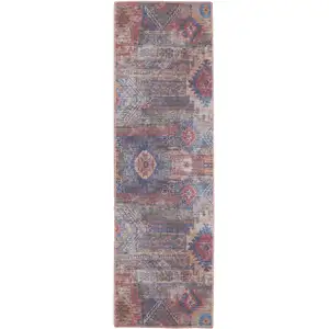 Photo of 8' Blue and Red Geometric Power Loom Distressed Washable Runner Rug