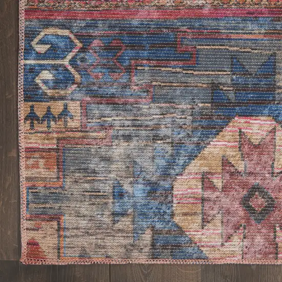 8' Blue and Red Geometric Power Loom Distressed Washable Runner Rug Photo 3