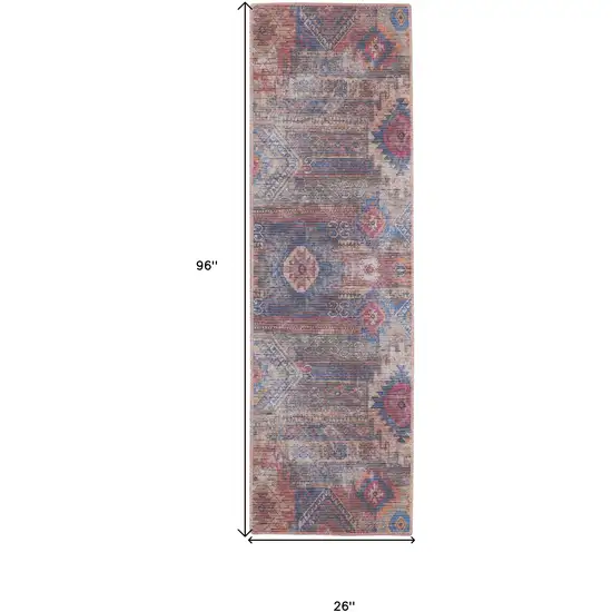 8' Blue and Red Geometric Power Loom Distressed Washable Runner Rug Photo 8