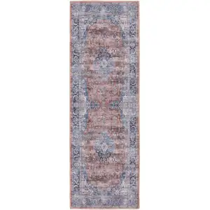 Photo of 6' Blue and Red Oriental Power Loom Distressed Washable Non Skid Runner Rug