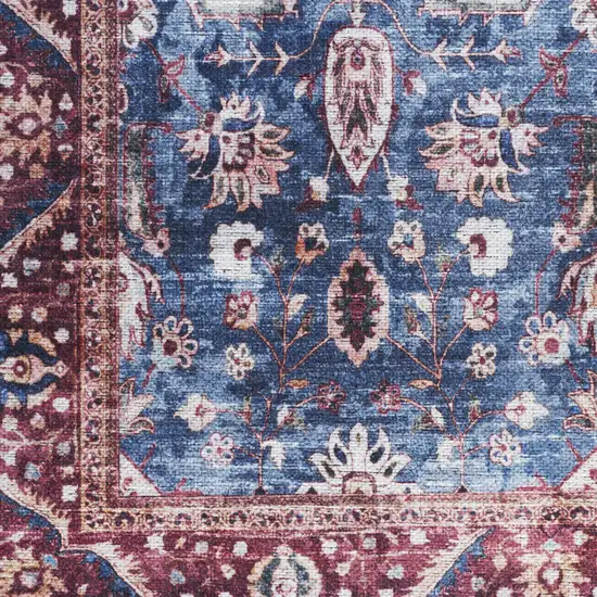 6' Blue and Red Oriental Power Loom Distressed Washable Non Skid Runner Rug Photo 4