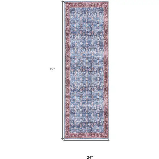 6' Blue and Red Oriental Power Loom Distressed Washable Non Skid Runner Rug Photo 7