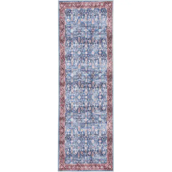 6' Blue and Red Oriental Power Loom Distressed Washable Non Skid Runner Rug Photo 1