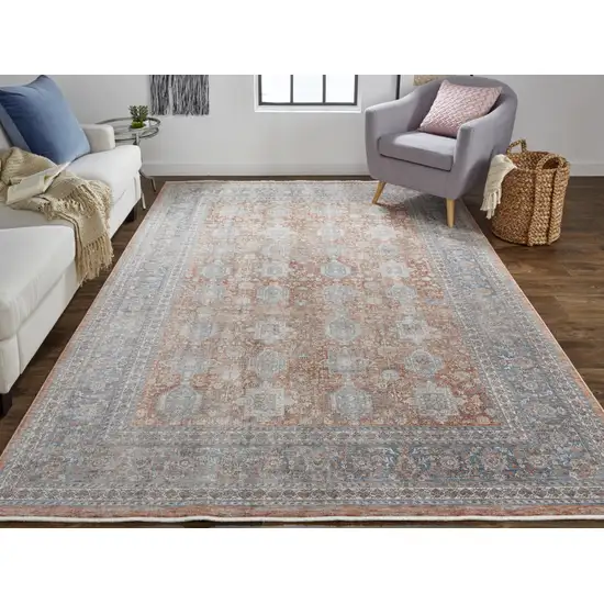 10' Blue and Red Oriental Power Loom Runner Rug With Fringe Photo 5