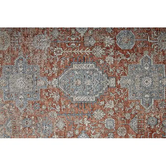 10' Blue and Red Oriental Power Loom Runner Rug With Fringe Photo 8