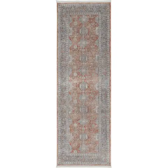 10' Blue and Red Oriental Power Loom Runner Rug With Fringe Photo 2