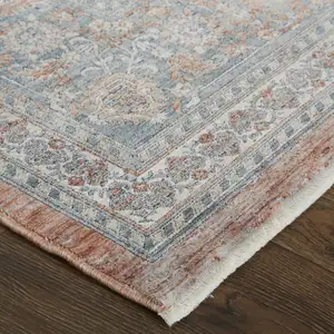 Photo of 10' Blue and Red Oriental Power Loom Runner Rug With Fringe