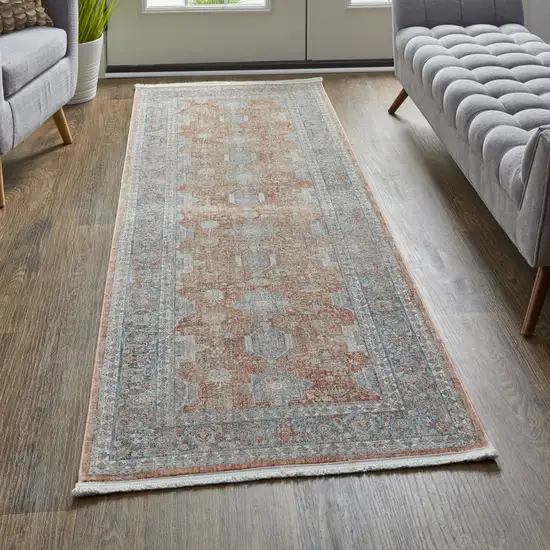 10' Blue and Red Oriental Power Loom Runner Rug With Fringe Photo 6