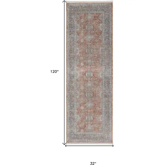 10' Blue and Red Oriental Power Loom Runner Rug With Fringe Photo 3