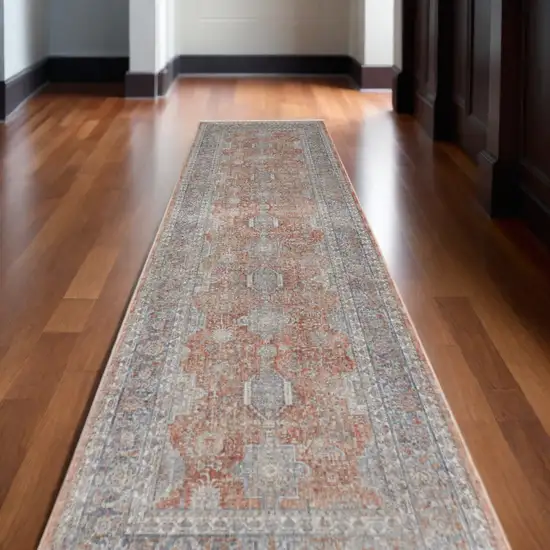 10' Blue and Red Oriental Power Loom Runner Rug With Fringe Photo 1