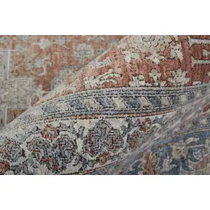 Photo of 8' Blue and Red Oriental Power Loom Worn Faded Runner Rug With Fringe