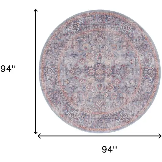 8' Blue and Red Round Floral Power Loom Distressed Area Rug Photo 3