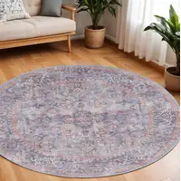 Photo of 8' Blue and Red Round Floral Power Loom Distressed Area Rug