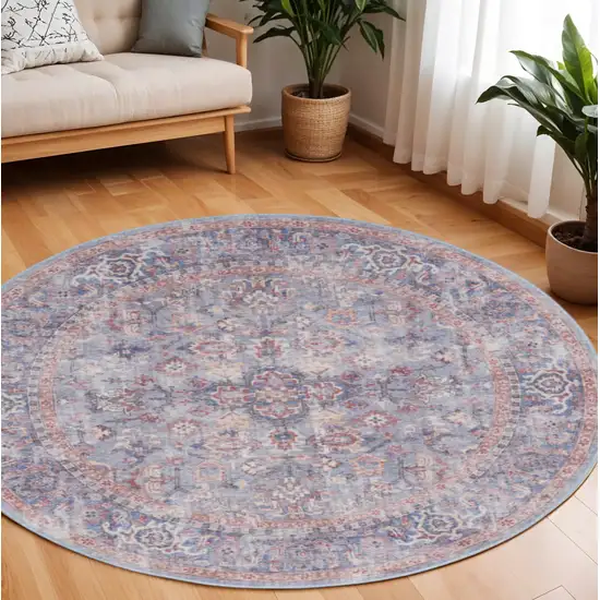 8' Blue and Red Round Floral Power Loom Distressed Area Rug Photo 1